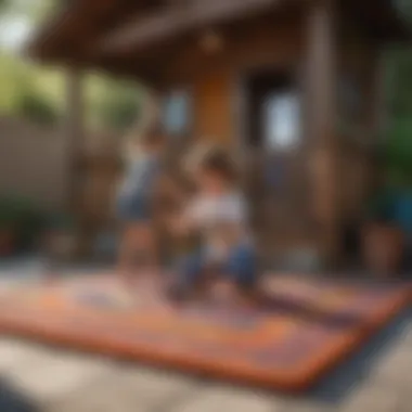 Children playing on a vibrant outdoor rug in playhouse