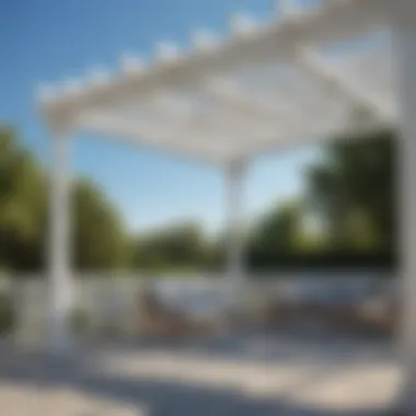 Wooden pergola with weather-resistant white paint under a clear blue sky