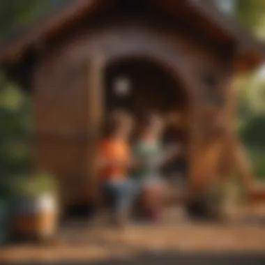 Kids playing joyfully inside a spacious wooden playhouse