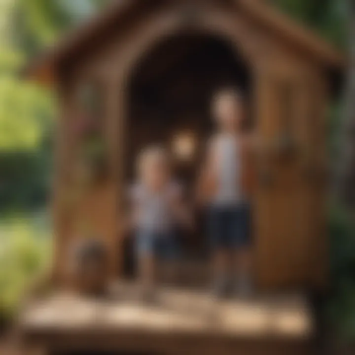 Kids engaging in imaginative play inside a wooden playhouse