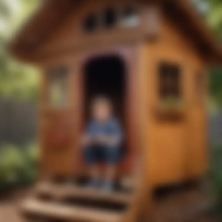 Child happily exploring the sensory features of an outdoor playhouse