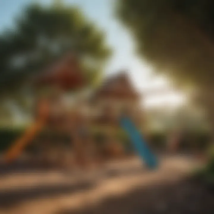 Children playing joyfully on outdoor playset with swings and slides