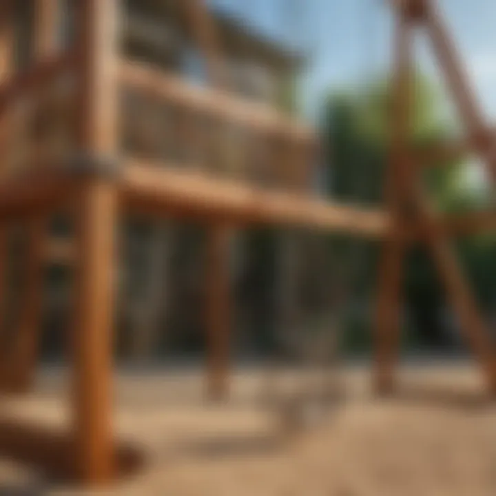 Close-up of intricate design details of outdoor playset swings and slides