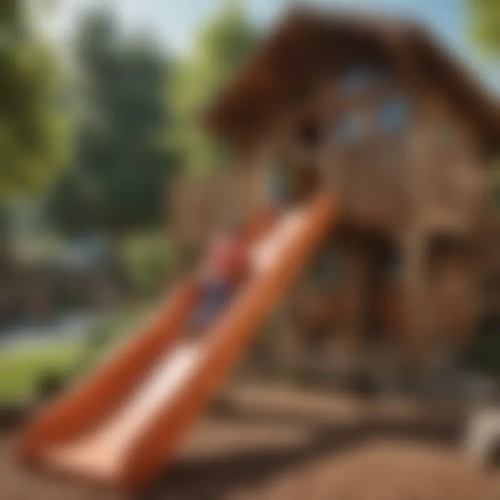 Children playing and exploring in outdoor clubhouse with slide