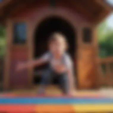 Child playing on a colorful outdoor mat in a playhouse