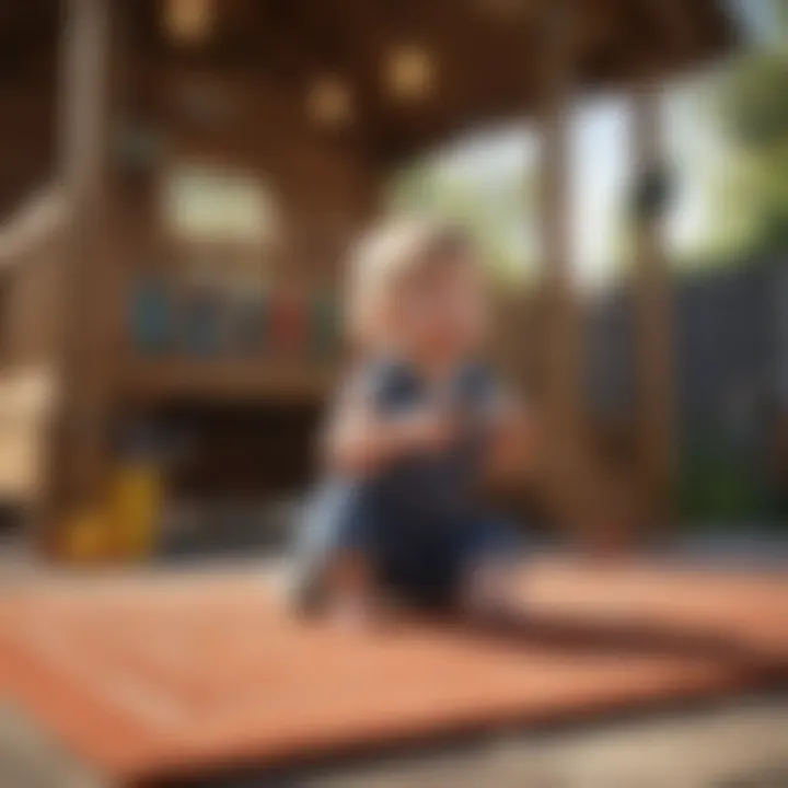 Child playing on a soft and safe outdoor playhouse rug