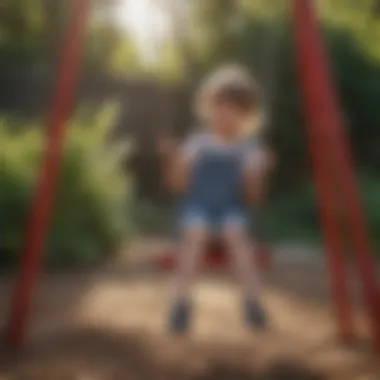 Child swinging on red wood swing in backyard