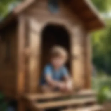 Child playing creatively in wooden playhouse