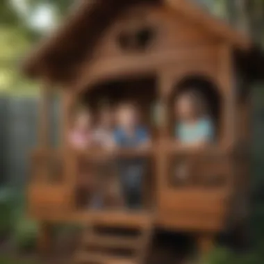 Kids engaging in social interaction in outdoor wooden playhouse