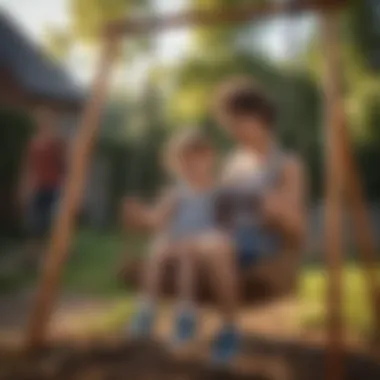 Parent supervising child on a secure outdoor swing set