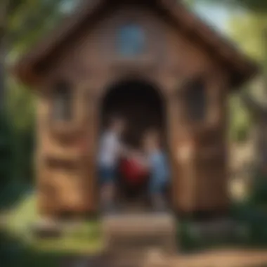 Children playing inside a whimsical wooden playhouse