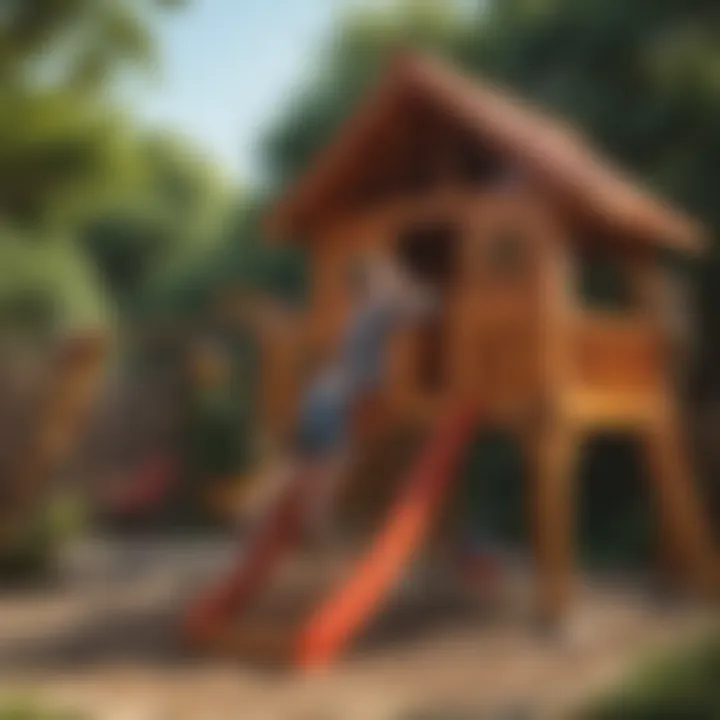 Child playing joyfully in a vibrant outdoor playhouse with monkey bars