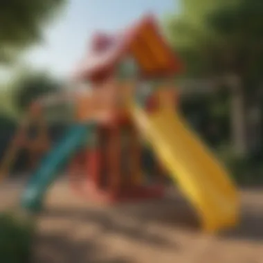 Colorful outdoor playhouse with slides and swings