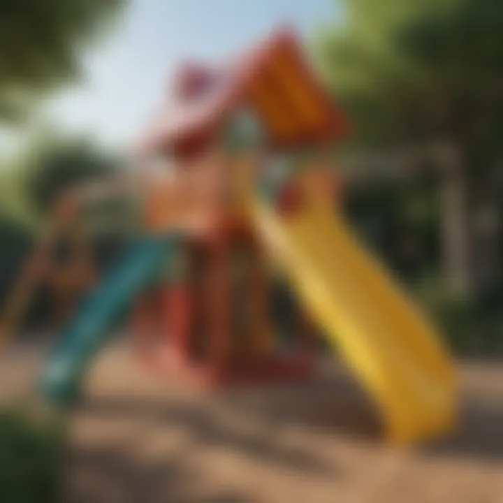 Colorful outdoor playhouse with slides and swings