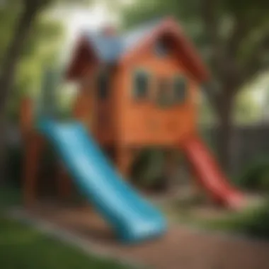 Colorful playhouse with slide in a backyard setting