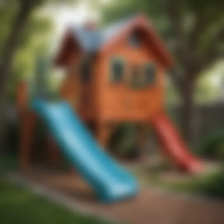 Colorful playhouse with slide in a backyard setting