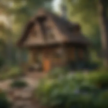 Kids gardening and playing around a nature-themed playhouse