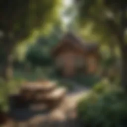 Outdoor playhouse with picnic table in lush garden setting