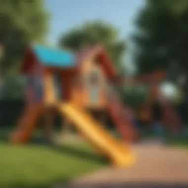 Colorful outdoor playhouse with a slide and swings