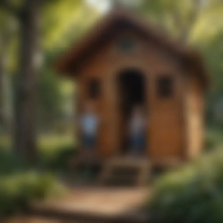 Children playing creatively inside a charming outdoor wooden playhouse