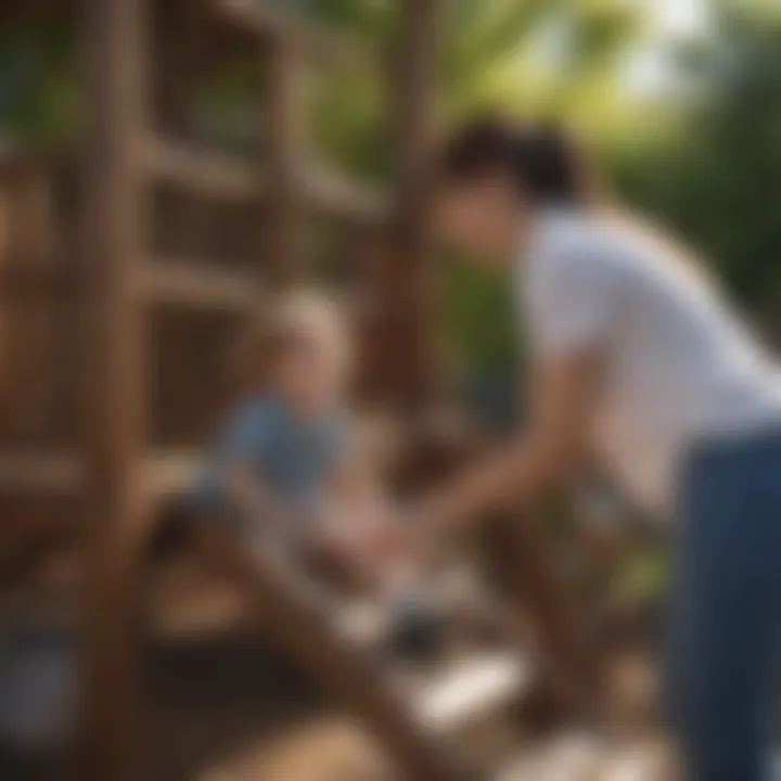 Parent supervising child playing on safe wooden playset