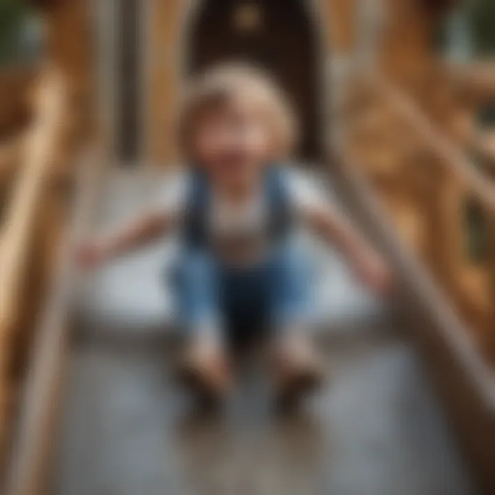 Child sliding down playhouse slide with excitement