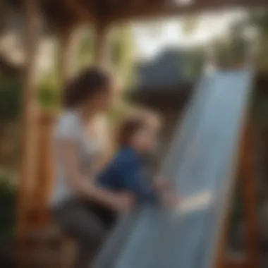 Parent observing child's play on playhouse slide