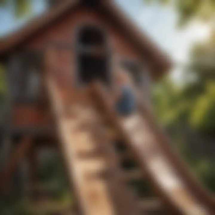 Child exploring a playhouse with a slide