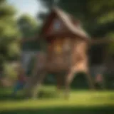 Kids playing in a whimsical playhouse swing set