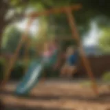 Children playing joyfully on small swingset with slide in backyard