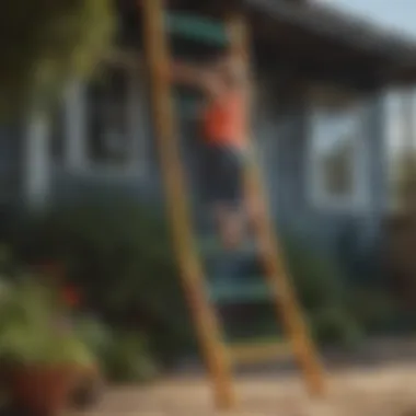 Children playing on a colorful ladder in the backyard