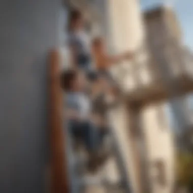 Parent supervising as children climb a safe ladder with handrails