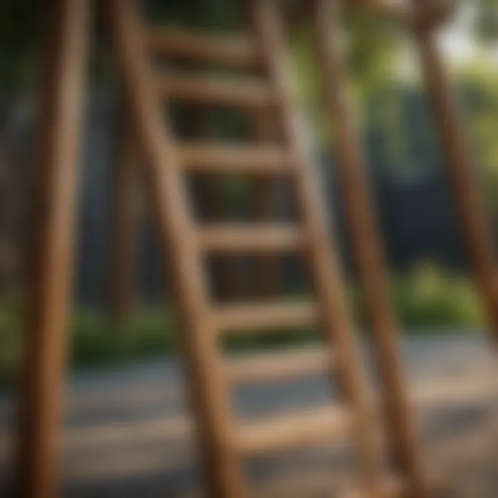 Close-up of a sturdy wooden swing and slide ladder set