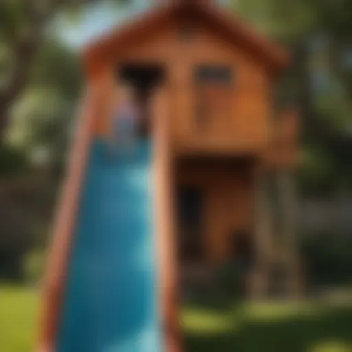 Children sliding down a vibrant playhouse slide