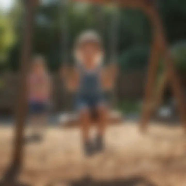 Children playing happily on swing and slide set in backyard