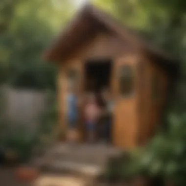 Kids playing creatively in a wooden playhouse shed