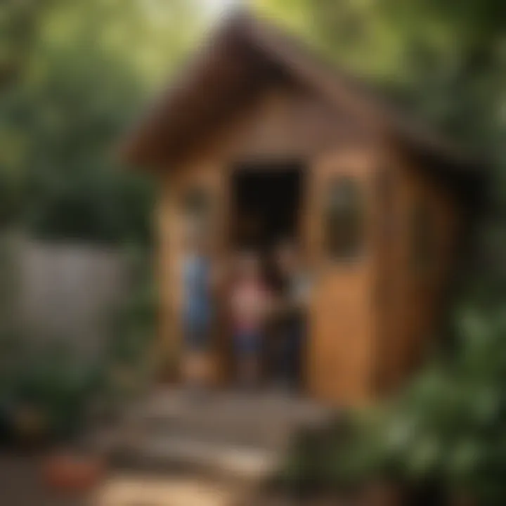 Kids playing creatively in a wooden playhouse shed