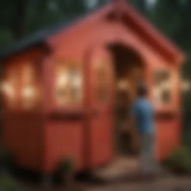 Child exploring different features of a plastic playhouse