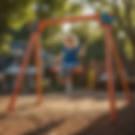 Children playing on a colorful swing set in a backyard