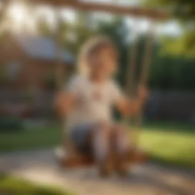 Children playing and laughing on a wooden swing set in backyard