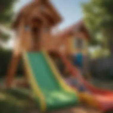 Children sliding down a colorful playhouse slide