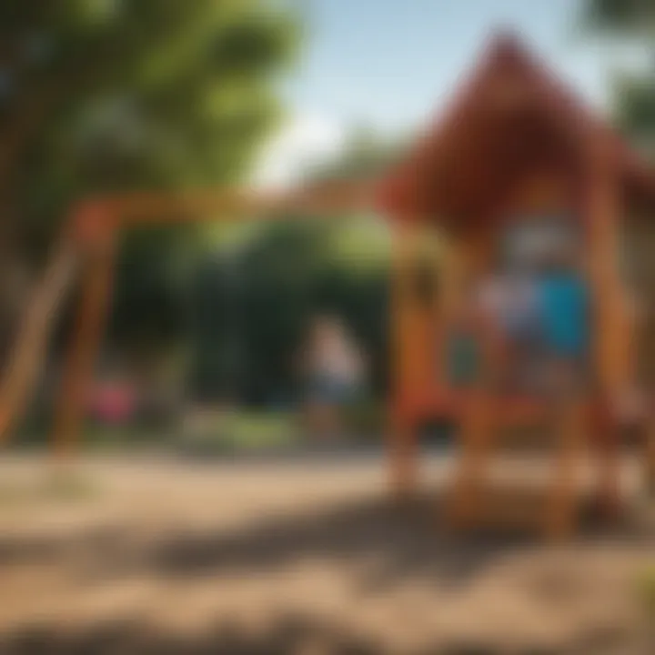 Children playing joyfully on a colorful playhouse swing set