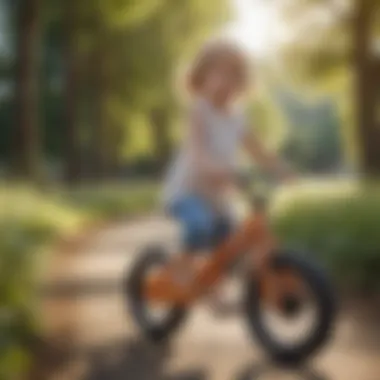 Young girl riding a wooden balance bike in the park