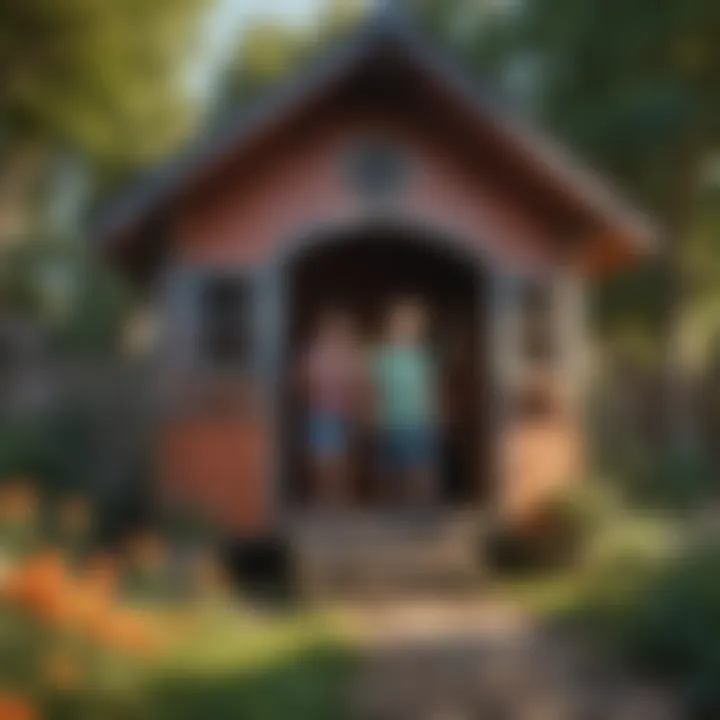 Children engaging in outdoor exploration inside a charming playhouse