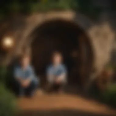 Two children engaged in imaginative play inside a playhouse with tunnels