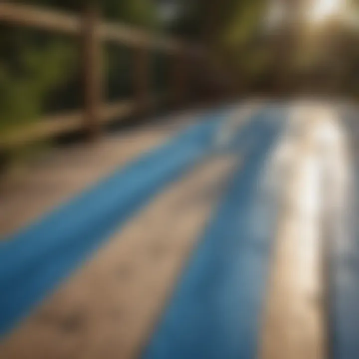 Wooden deck with a fresh coat of blue paint under sunlight