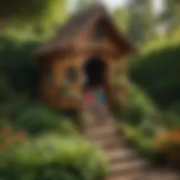 Children playing in a whimsical outdoor playhouse surrounded by lush greenery