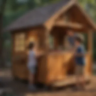 Children engaging in imaginative play inside the Hillcrest wooden outdoor playhouse