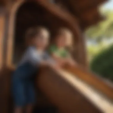 Children engaging in imaginative play scenarios in a playhouse with tube slide