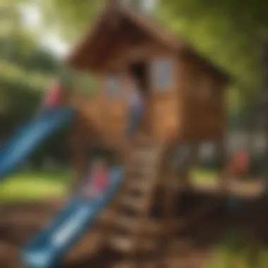 Children happily playing in a playhouse equipped with slide and swing